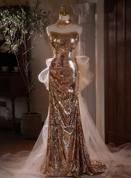 Gold Sequin Strapless Backless Mermaid Prom Dress