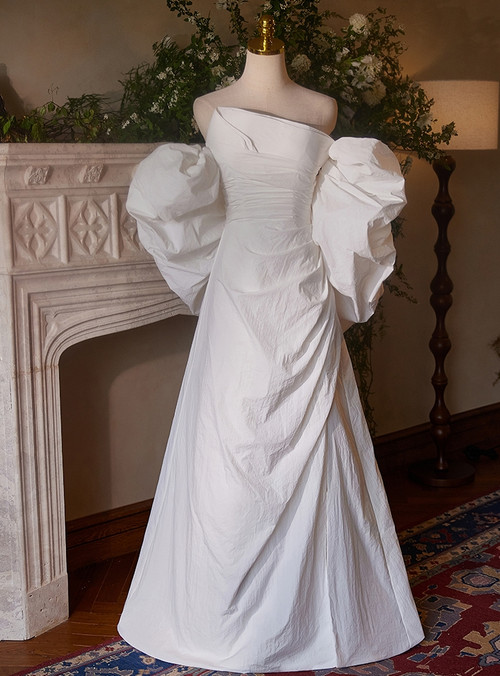 White Pleated A-Line Party Dress Light Wedding Dress, DP2704