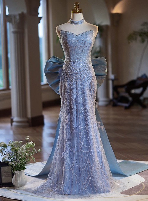 Bow Beading Mermaid Strapless Blue Taffeta Prom Dress