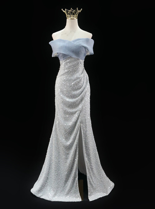 Mermaid Off Shoulder Sequins Beaded Pearl Prom Party Dress WU1181 main image 1