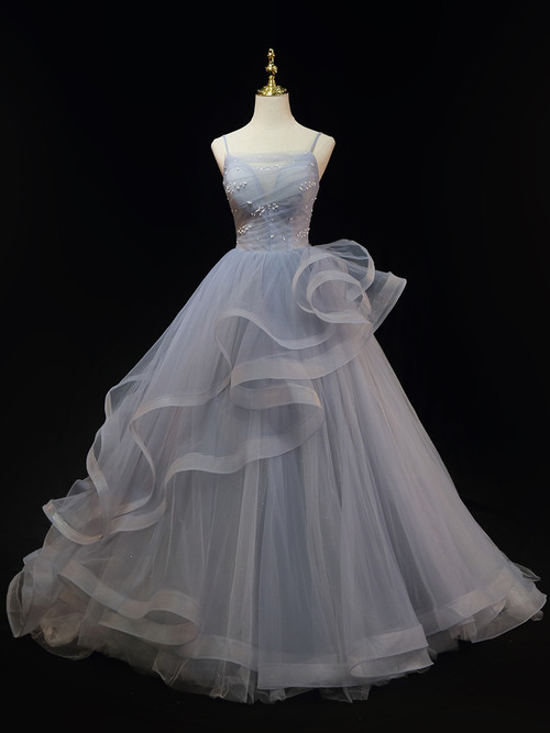 Spaghetti Straps Sheath Tulle Prom Dresses Steel Grey main image 1