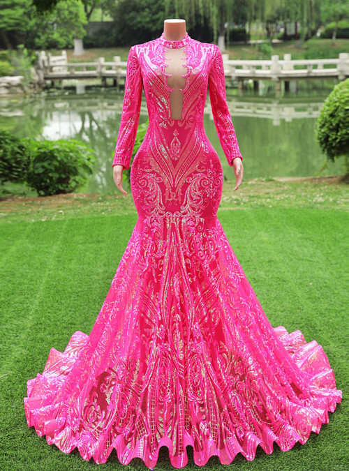 Wholesale Mermaid Glitter Sequins Sexy Hot Pink Backless Long Prom Dress prom dresses shops main image 0