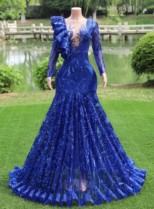 Saxy Royal Blue Lace Sleeveless Mermaid Prom Dress
