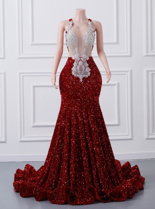 Modern Burgundy Sleeveless Prom Dress with Sequins and Flower Bottom main image 0