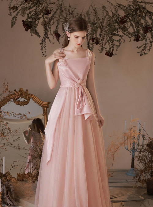 Vintage 3D Flowers Wedding Dress Spaghetti Straps Tulle Appliques Prom Dress Y8033
