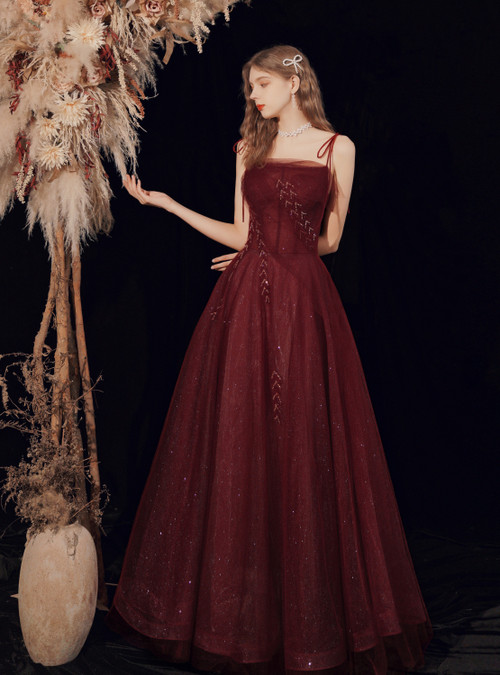 Gothic Burgundy Spaghetti Straps Sequins Beaded Formal Prom Dress Tulle Party Evening Dress Y7586