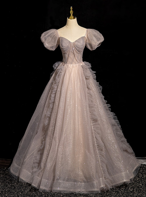 Beading A Line Satin Puffy Sleeve Prom Dress