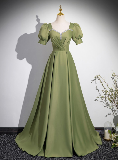 Green Pleated Bandeau Neckline Prom Dress