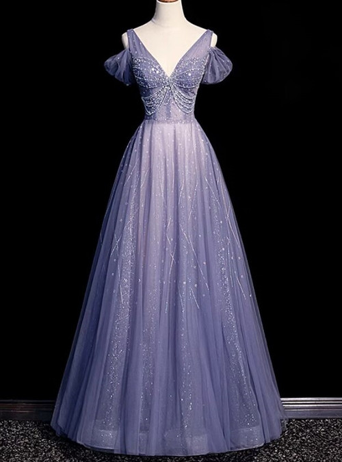 Classy Purple Prom Dress Beaded Tulle Straps Sheath Evening Dress Sleeveless Birthday Dress DP05231