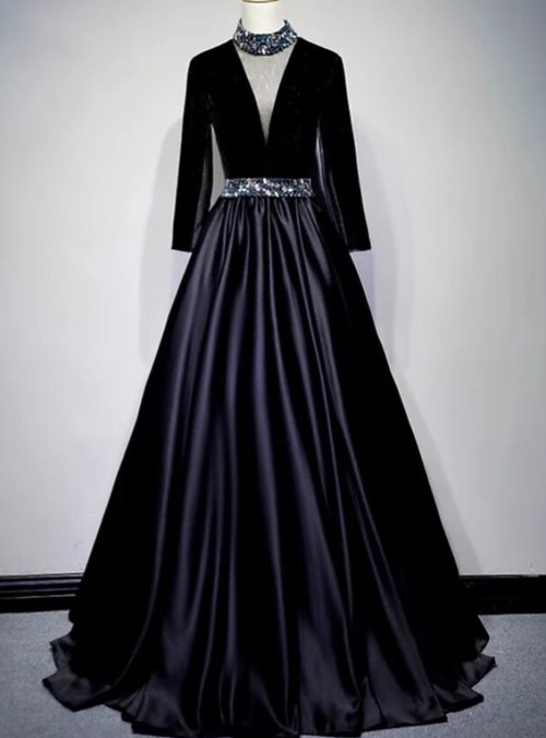 Trendy Princess Black Velvet Long Prom Gown SREAL119 main image 1