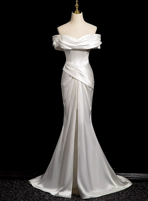 Pretty White Long Satin Pleated Mermaid Wedding Dress Bridal Dress Y9710