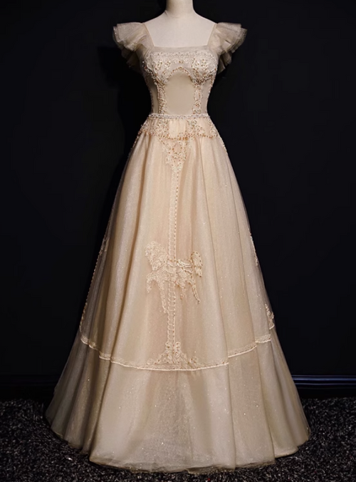 Champagne Tulle Beaded Prom Party Dress Evening Dress Birthday Outfit main image 0
