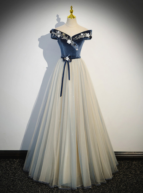 Blue Off-the-Shoulder Split Prom Dress with Beadings