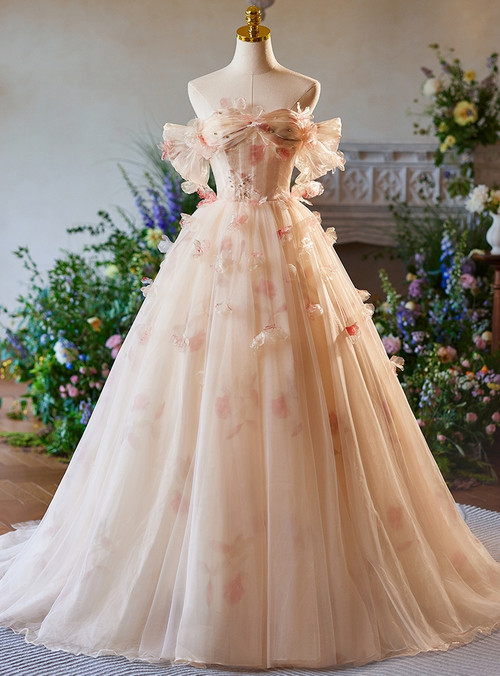 One Shoulder Champagne Tulle Flower Prom Dress