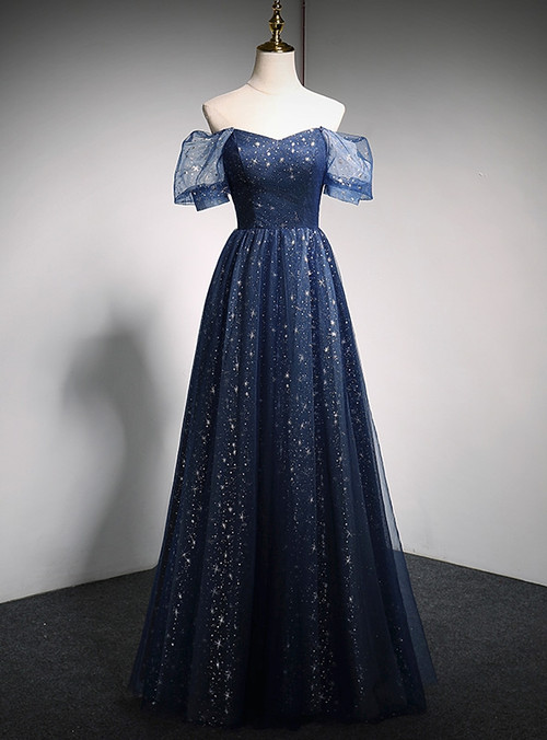 Sequins Applique Translucent Top Ruched Prom Dress Navy Blue