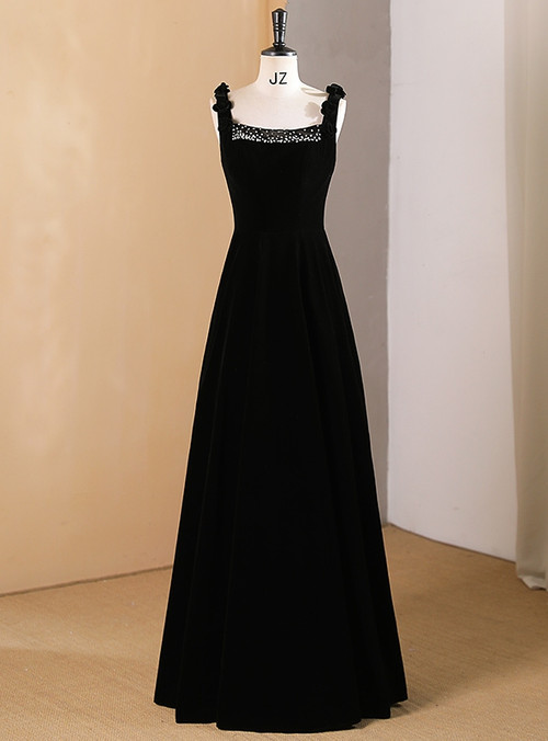 Straps Velvet Sheath Prom Dresses in Black main image 1
