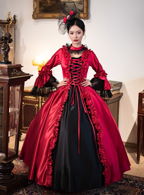 Burgundy Satin Long Sleeve Lace Rococo Baroque Vintage Dress