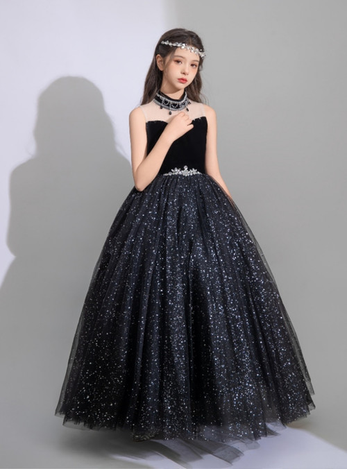 Sparkly Sequins Black Flower Girl Dress Princess Gown