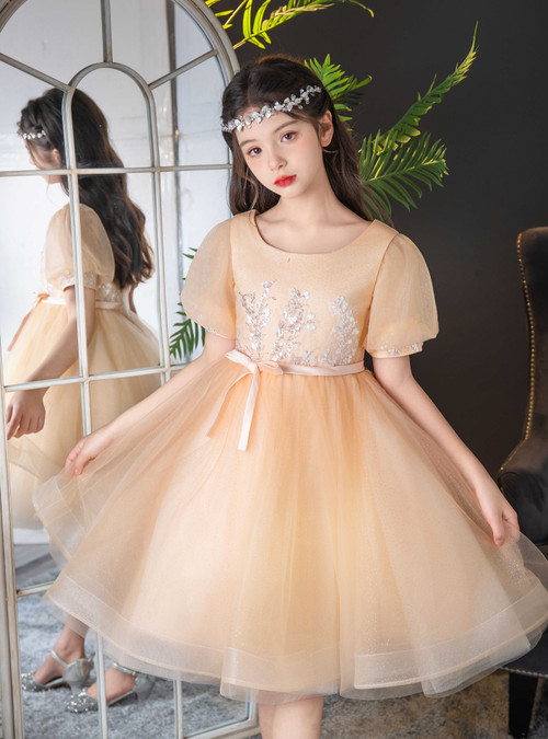 Bow Detail Flutter Sleeve Girl's Short Dress Champagne