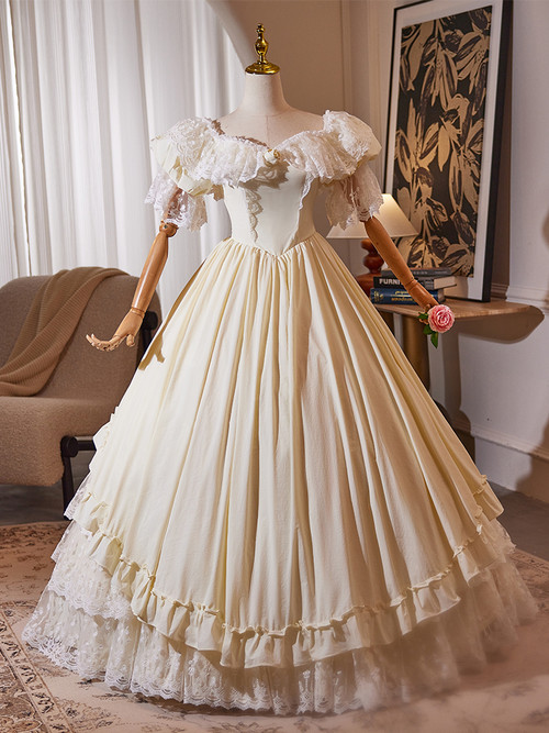 vintage style champagne wedding dress with Sleeves, Sparkly Nude Tulle and 3D Floral Appliqus White/Ivory/Champagne Style Champagne Satin Lace Vintage Wedding