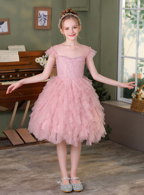 Pink Floral Petal Dress with Layered Design and Flower Accent for Girls main image 1