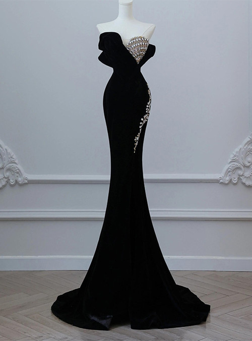 Black Strapless Scoop Neck Velvet Custom Ankle Length Prom Evening Dress