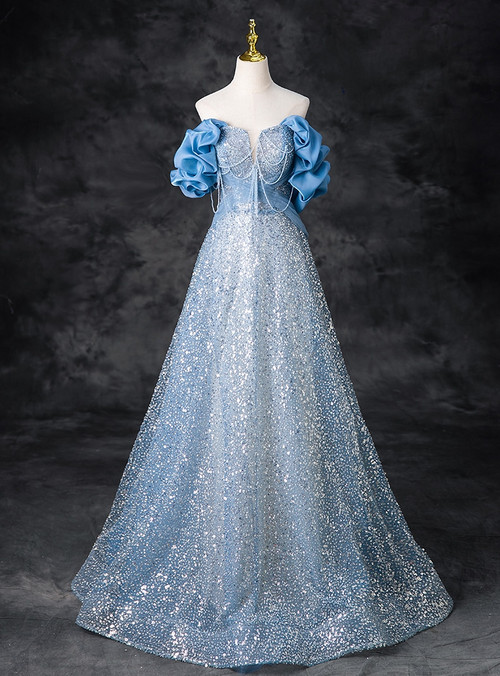 Blue Sequins Long Sleeves Beads Off The Shoulder Sweetheart Evening Dress With Long Ruffles