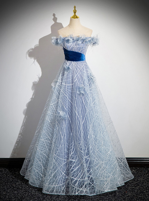 3D roses midnight blue off-the-shoulder gown main image 1