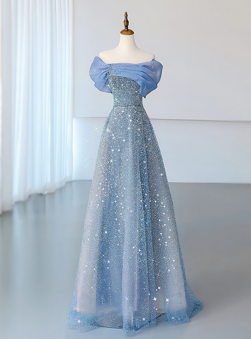 Blue Tulle Sequins Off the Shoulder Beading Pleats Evening Prom Dress main image 1