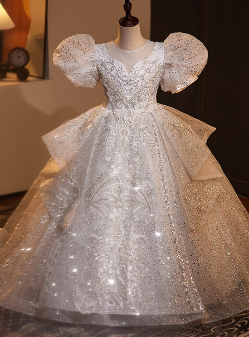 Princess Collared Puffy Sequin Flower Girl Dress - White