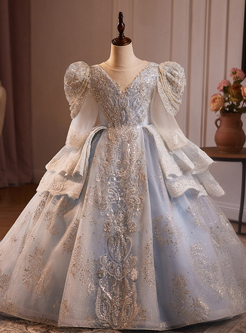 Blue Sequin Ball Gown Flower Girl Dress