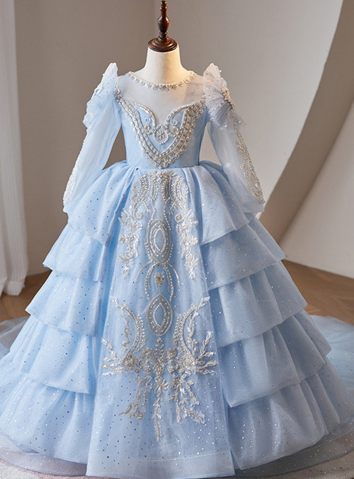 Long sleeves Floral Applique A-line Flower Girl Dress Blue