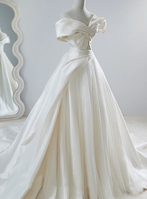 Off-the-shoulder Acetate Satin Pleated Dress White