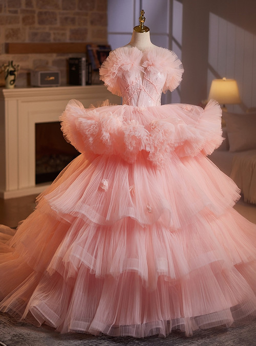 Pink Tulle Sequins Off the Shoulder Pleats Quinceanera Dress main image 0