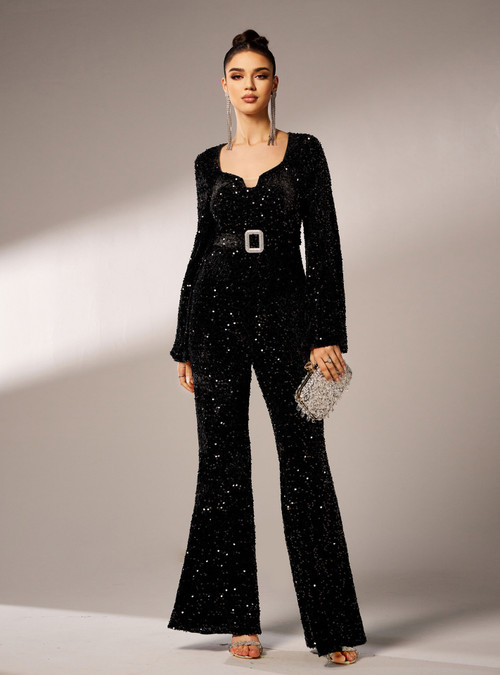 Mesh Long Sleeve Sequins Fringe jumpsuits