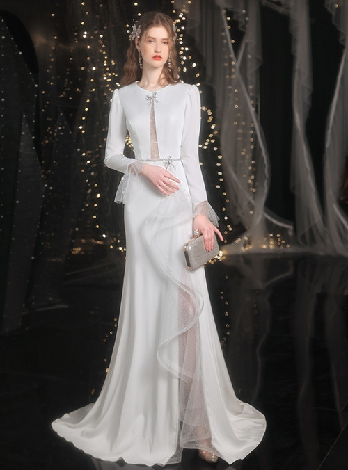 Gorgeous White Sweetheart Long Sleeves Beading Mermaid Prom Dresses main image 1
