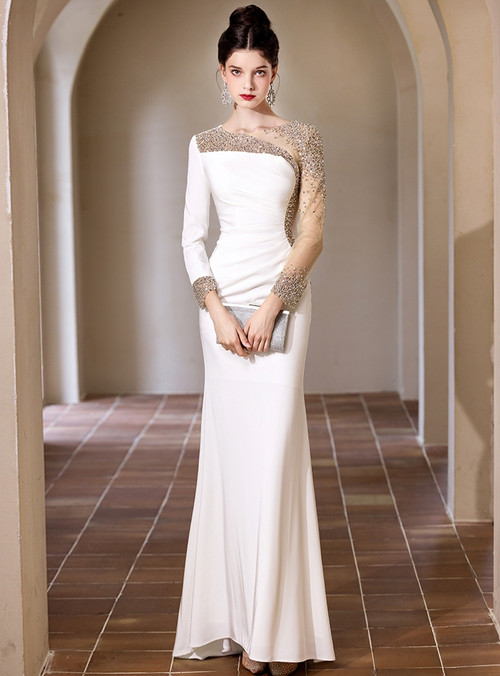 Chic White Mermaid Prom Dress with Appliques and Beaded Long Sleeves