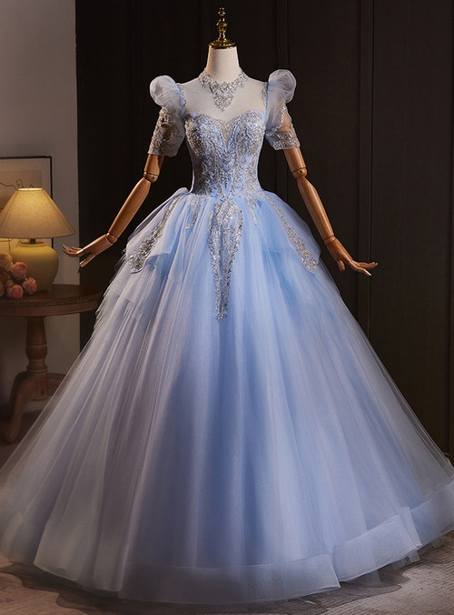 Navy Blue Tulle Cap Sleeves Quinceanera Dresses, Blue Beaded Ball Gown Party Dress