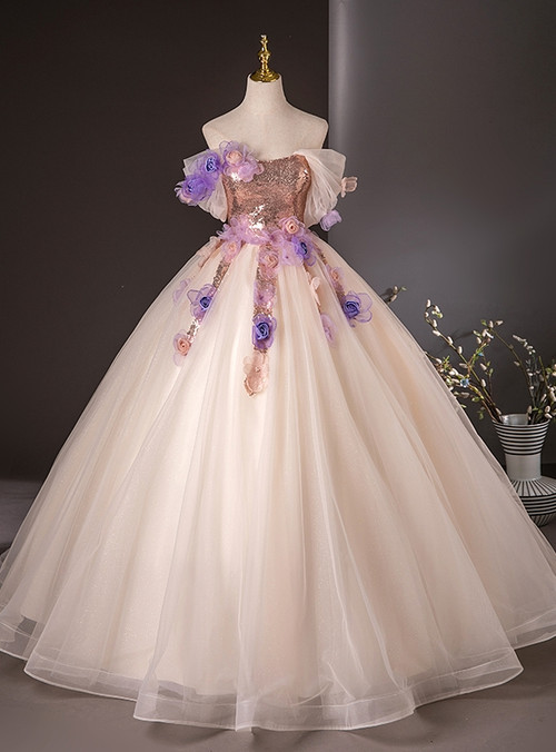 Off Shoulder Sleeveless Beaded 3D Flowers Appliques Champagne Quinceanera Dress WQ1440
