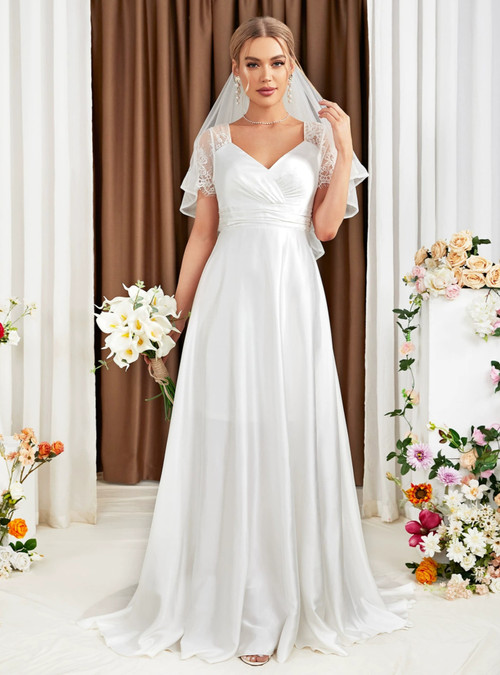 V-neck Short Chiffon Bridesmaid Gowns White Plus Size main image 0