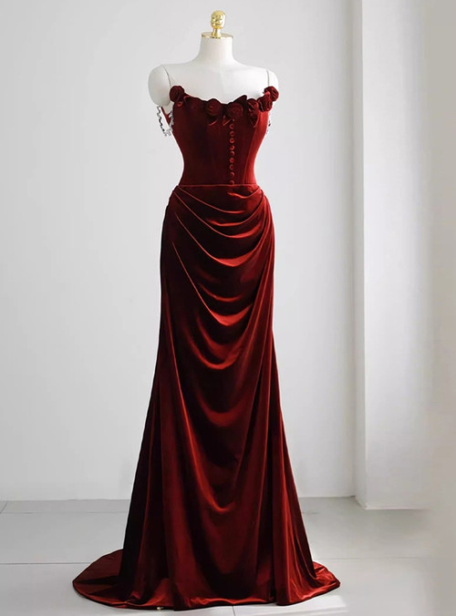 Floral Printed Strapless Burgundy Prom Dress