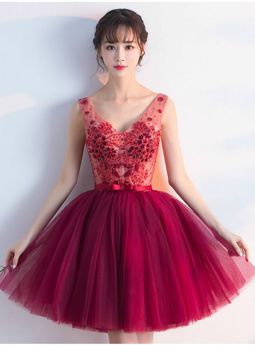 2017 Luxury Crystal Beading Wine Red Ball Gown Short Prom Dresses