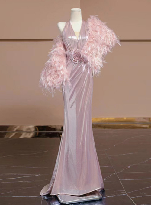 Fairy Mermaid V Neck Evening Gown Pink Floral 3D Lace Prom Dress with Ruffled Sleeves LF664 main image 0