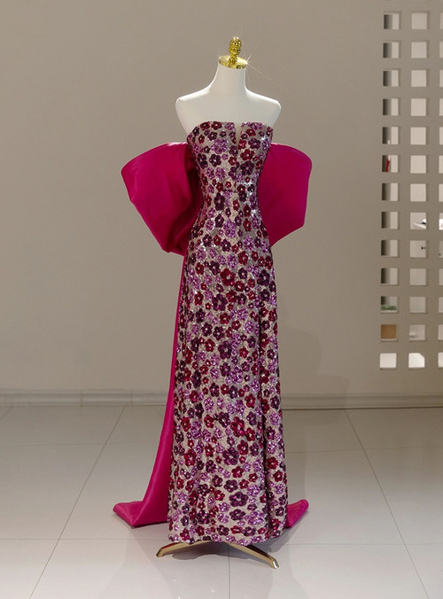 A-Line Strapless Fuchsia Jacquard Satin Long Prom Dresses VK021506