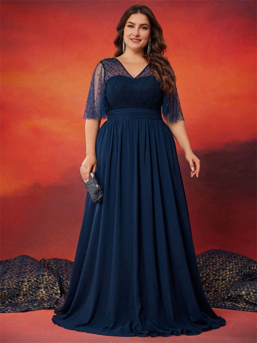 Deep V Neck Chiffon Low Back Dresses Royal Blue Plus Size