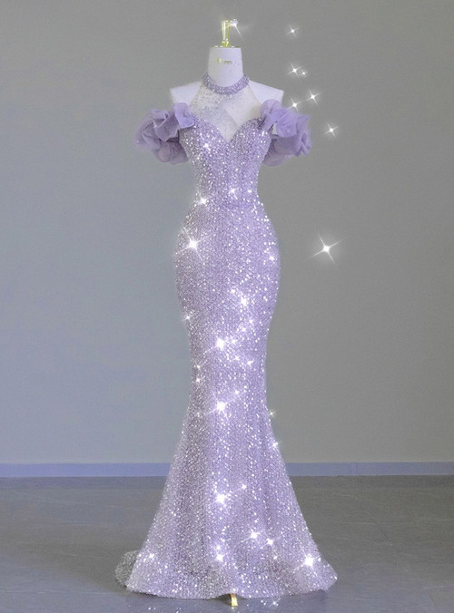 Halter V-Neck Sequins Flower Button Mermaid Prom Dresses main image 0