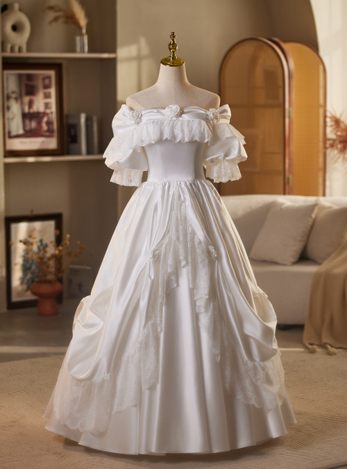 Chic High Low One Shoulder Sleeveless White Satin Wedding Dresses main image 1