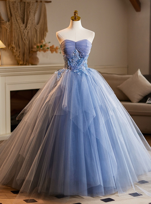 Mint Blue Tulle Embroidery Silk Flowers Quinceanera Dress, Blue Long Ball Gown Formal Dress