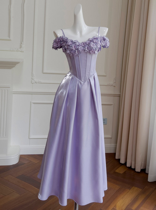 Dreamy Purple Spaghetti Strap 3D Floral Lace Satin Long Prom Dress Evening Dress cc5625 main image 1