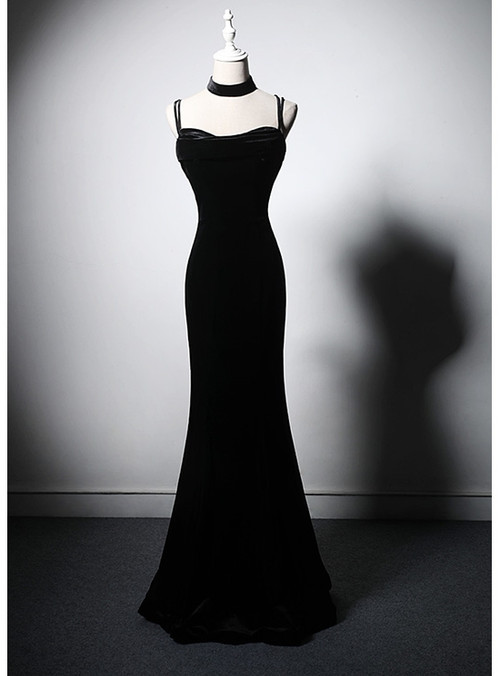 Spaghetti Mermaid Black Lace Velvet Prom Dresses, Lace Up Newest Prom Dresses,PD0343
